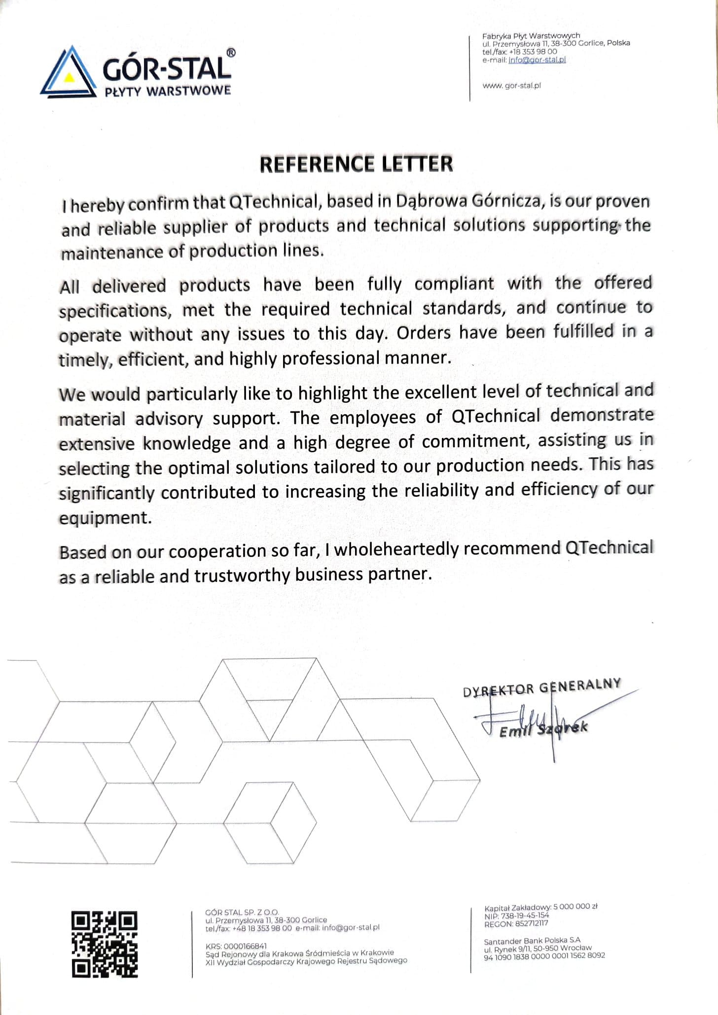 Reference letter from Gór-Stal for QTechnical