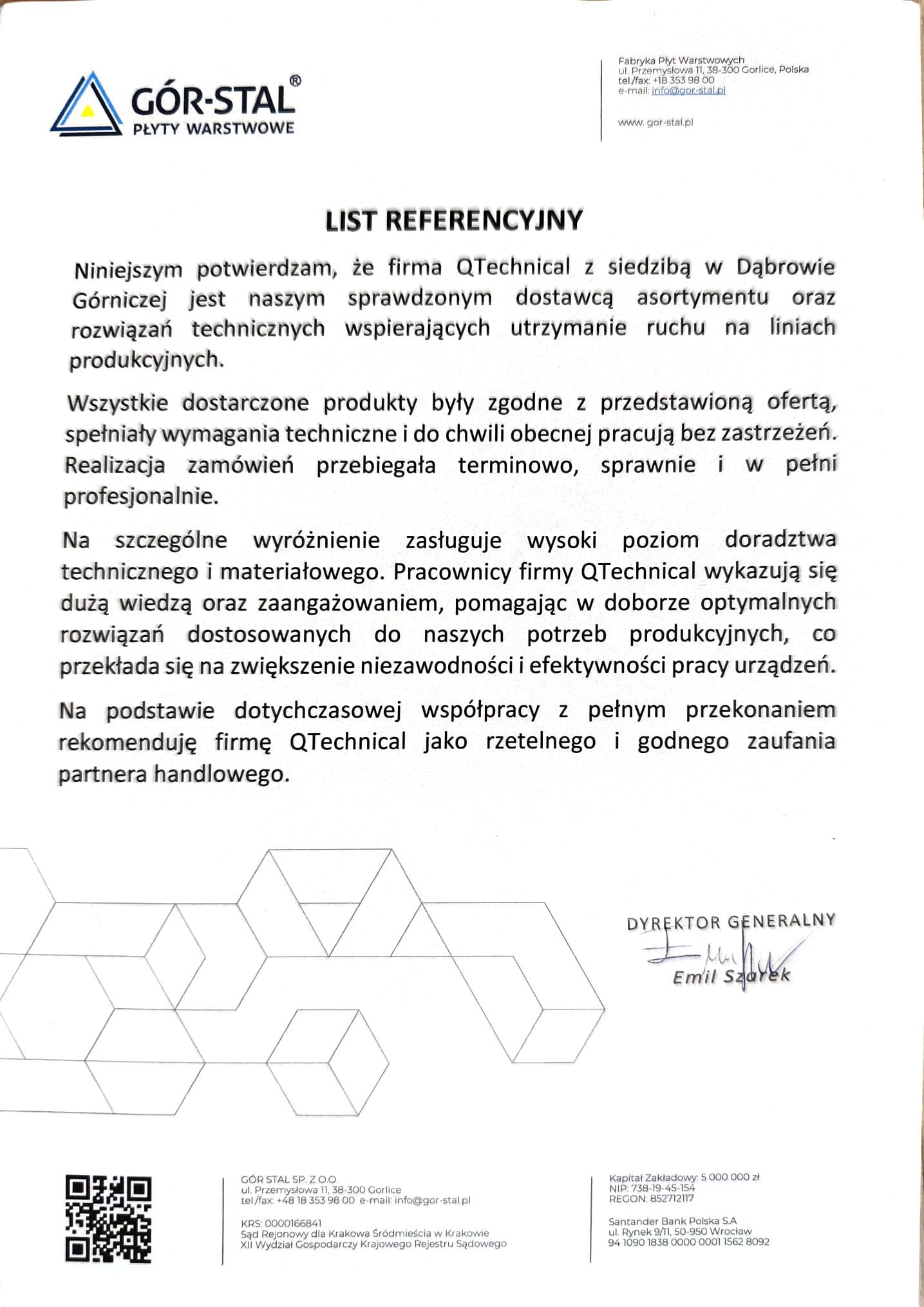 List referencyjny firmy Gór-Stal dla QTechnical